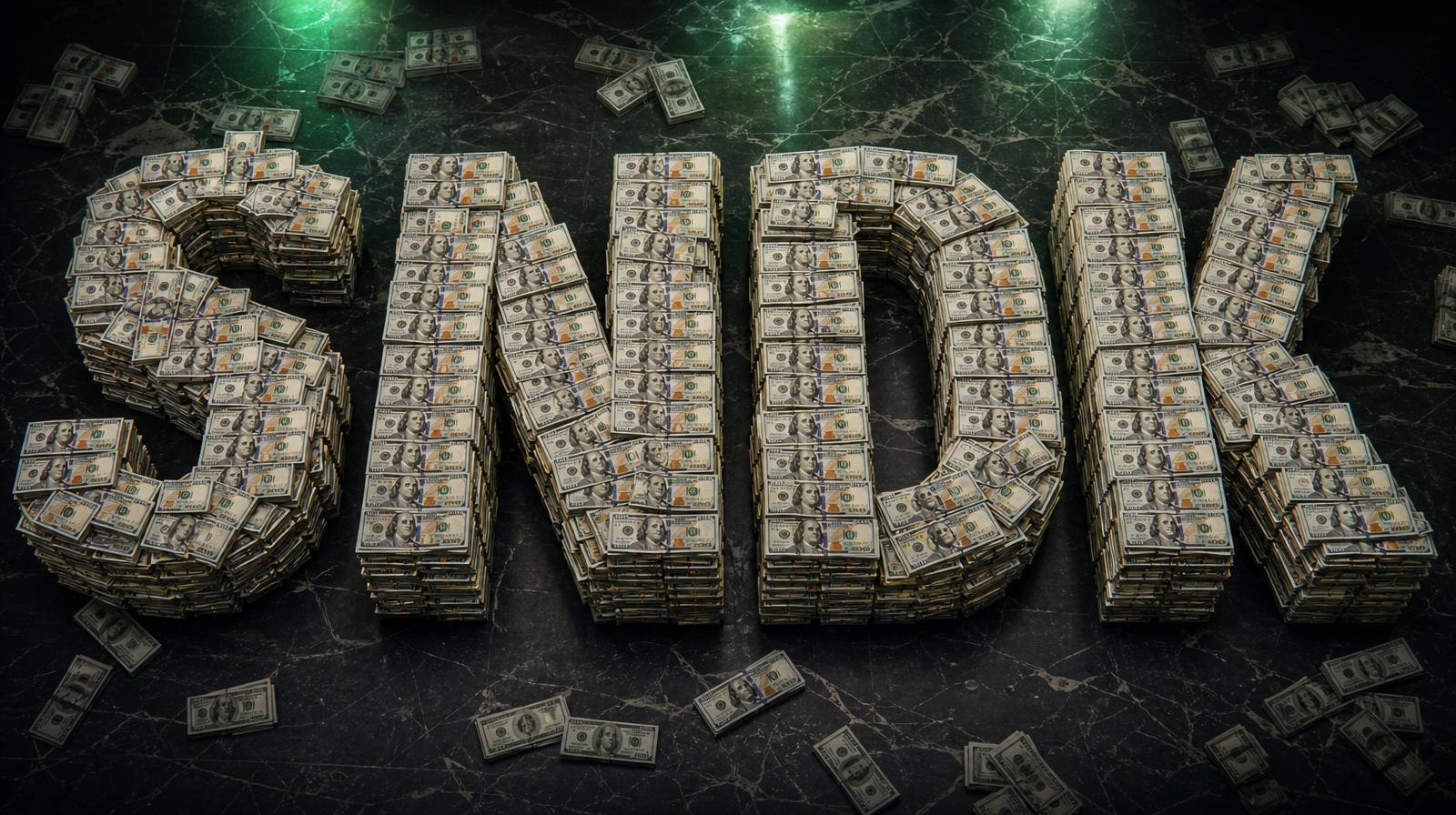 The letters SNDK built out of stacks of hundred dollar bills